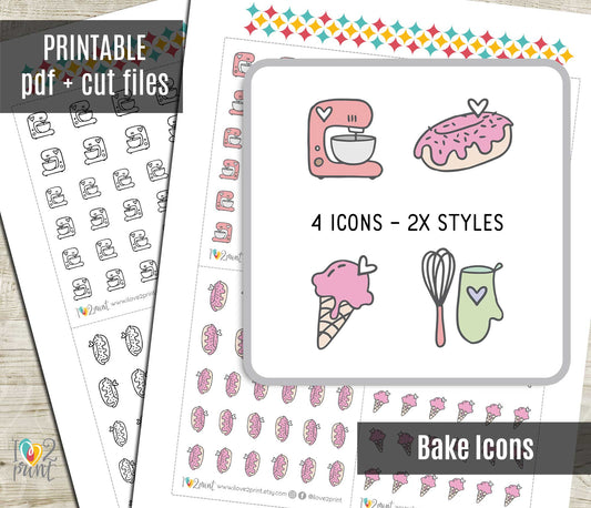 Baking Icons Stickers – Printable (mixer, whisk, donut and ice cream) - PDF & Cut Files