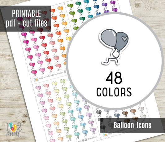 Balloons Mini Icon Printable Planner Stickers | 48 Colors | PDF Cut Files