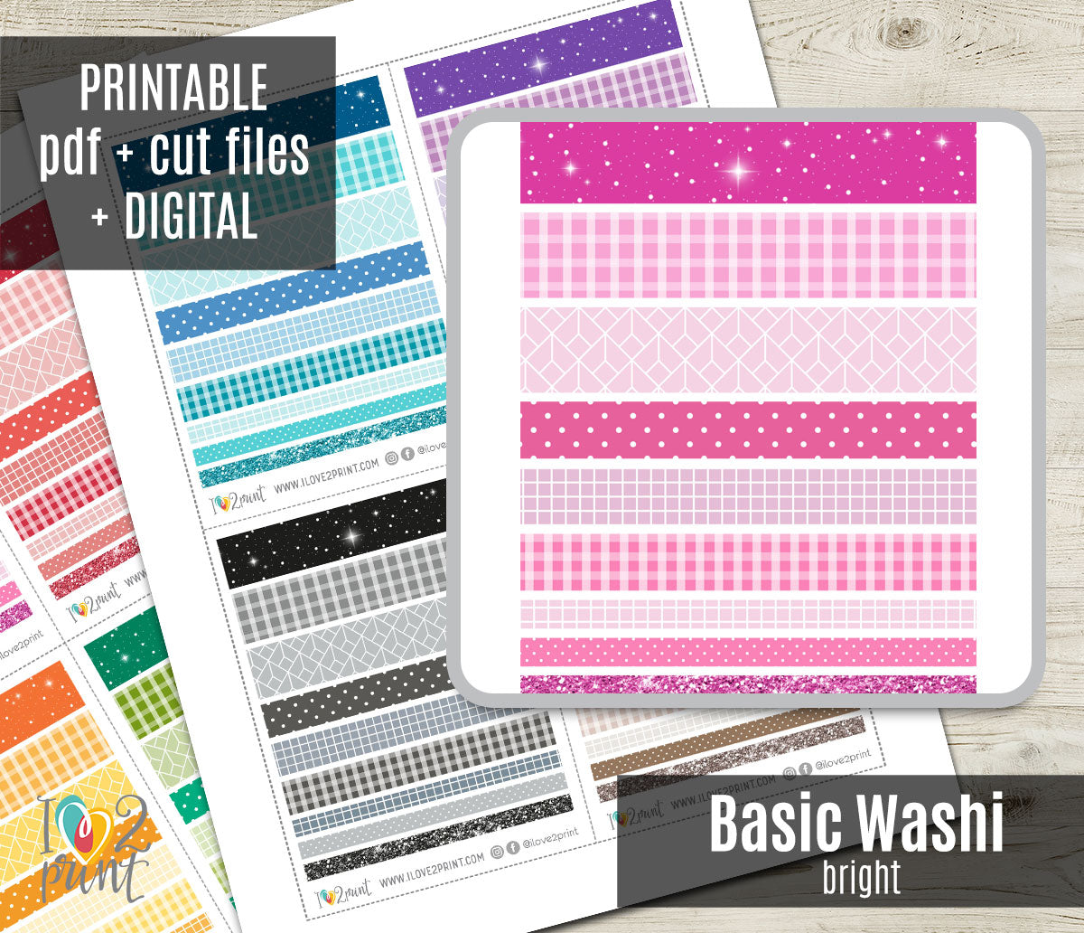 Printable Washi Tape Basic Patterns Vibrant Colors | Planner Craft