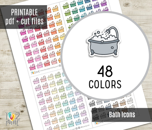 Bath Mini Icon Printable Planner Stickers | 48 Colors | PDF Cut Files