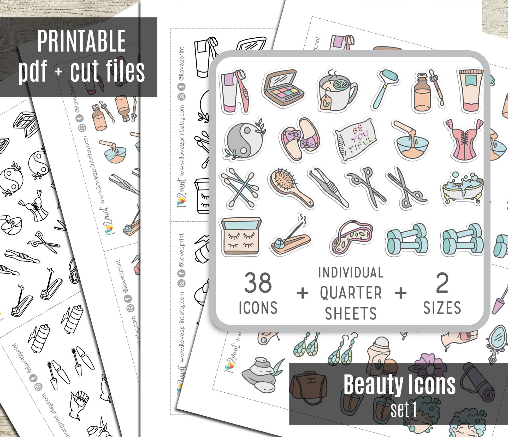 Set of beauty icons with packaging on a white background