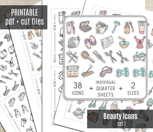 Beauty Icons Printable Stickers Set 1 | 38 Makeup Skincare Stickers | 2 Sizes | Coloring + Colored | PDF
