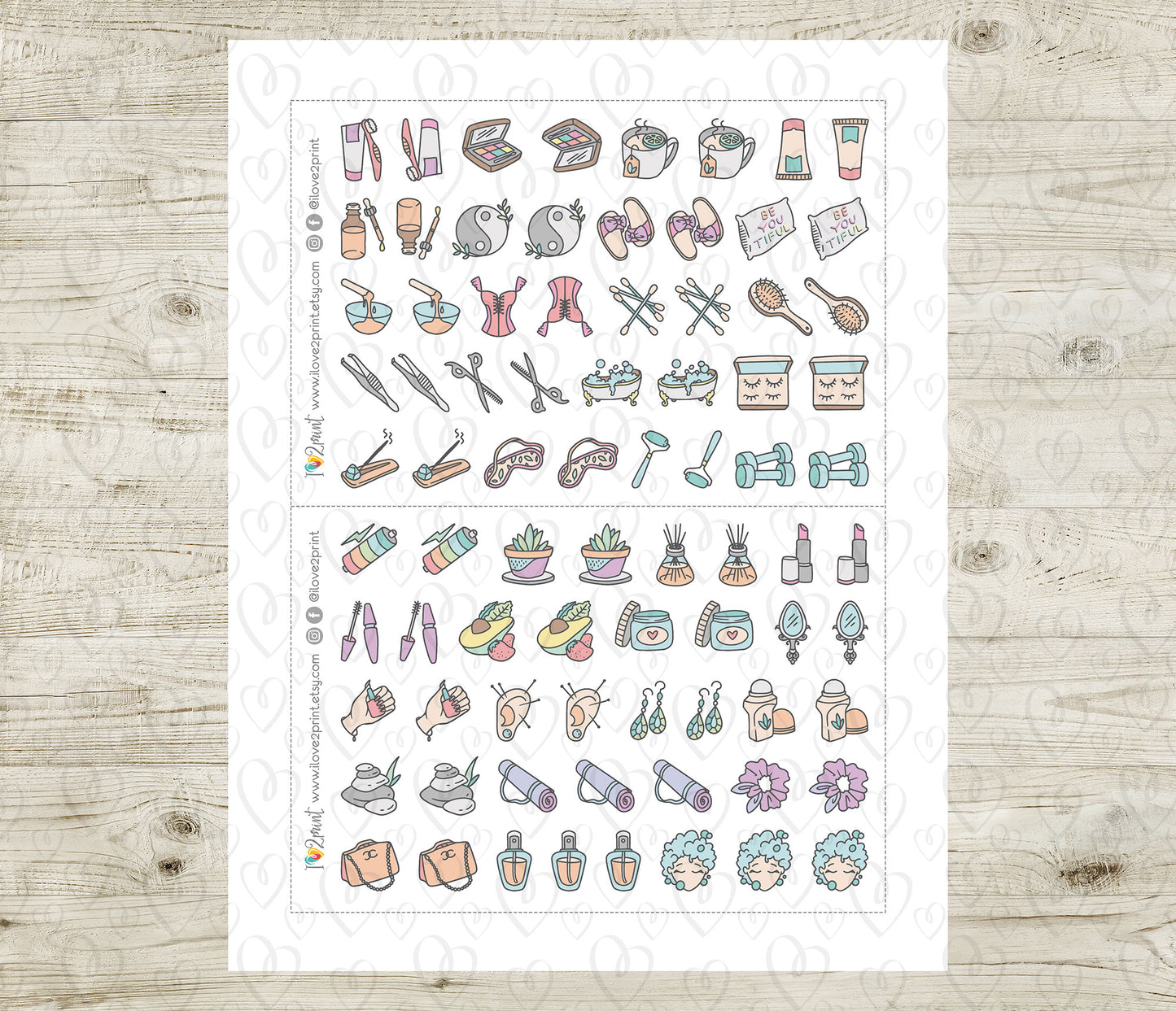 Sheet of colorful self care icon stickers on a wooden surface