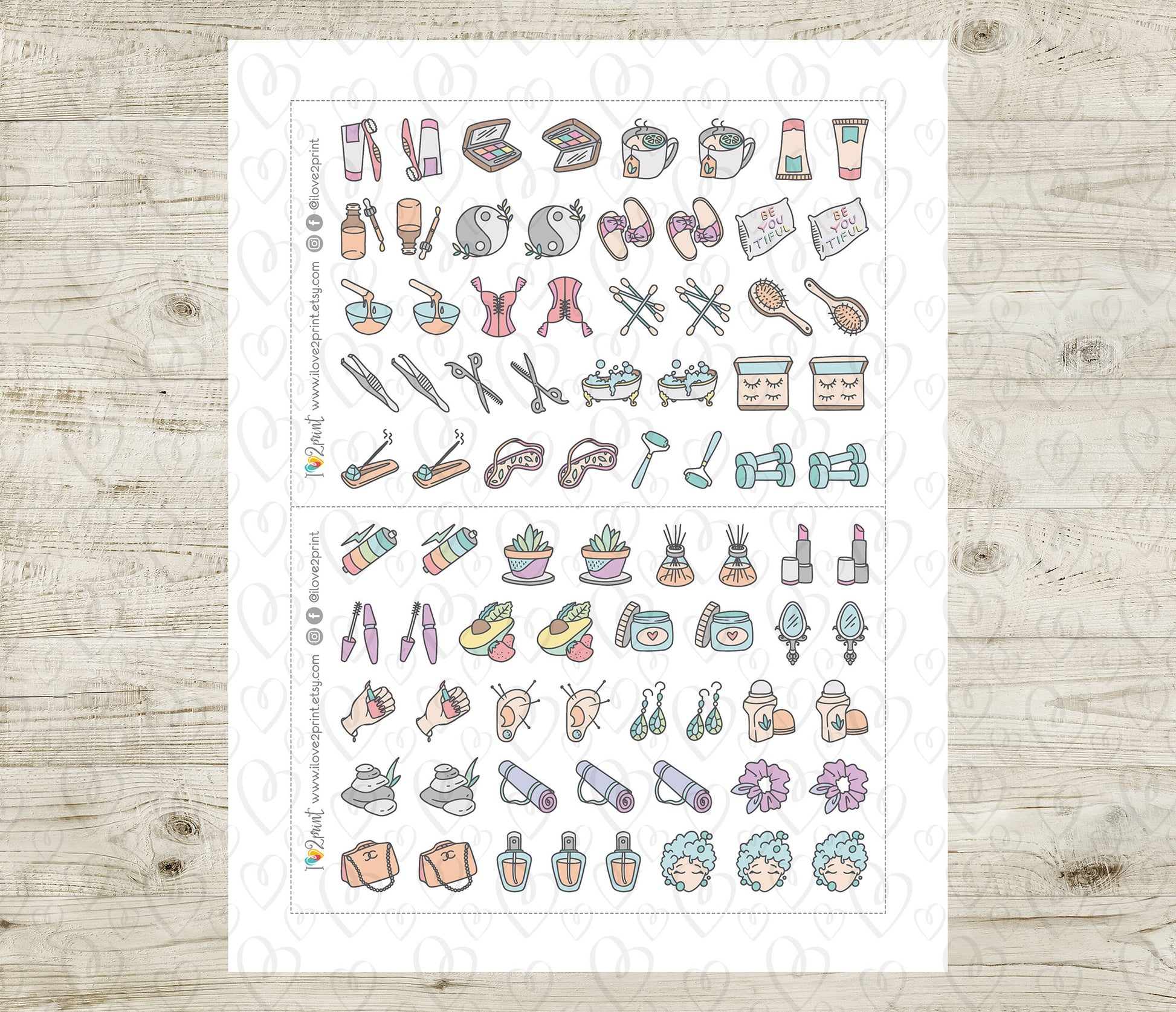 Sheet of colorful self care icon stickers on a wooden surface