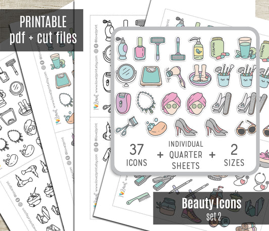 Beauty Icons Printable Stickers Set 2 | 37 Hair Nail Spa Stickers | 2 Sizes | Coloring + Colored | PDF