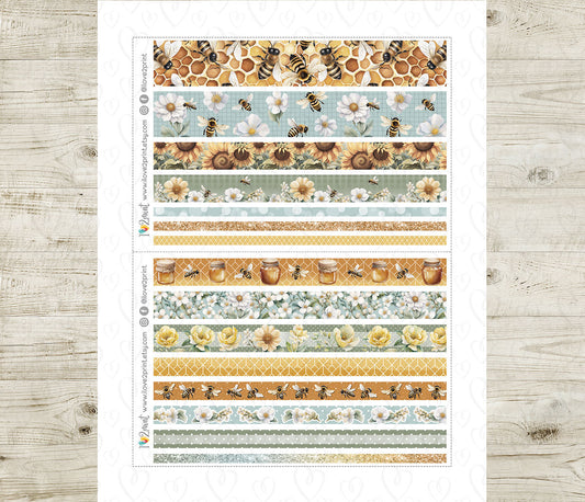 Bees Washi Tape Printable Planner Stickers | Honeycomb Floral Strips | PDF Cut Files | Instant Download