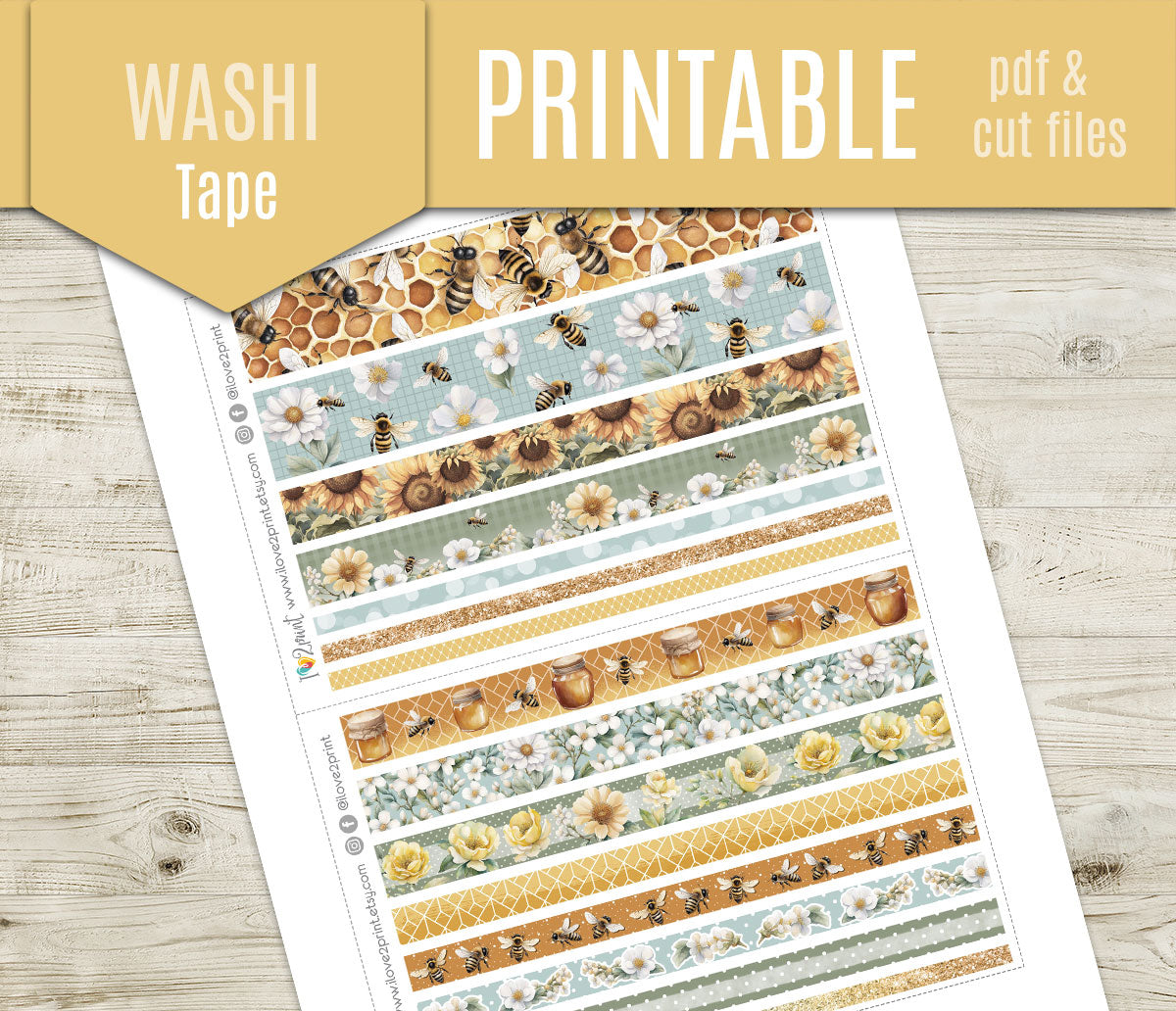 Bees Washi Tape Printable Planner Stickers | Honeycomb Floral Strips | PDF Cut Files | Instant Download