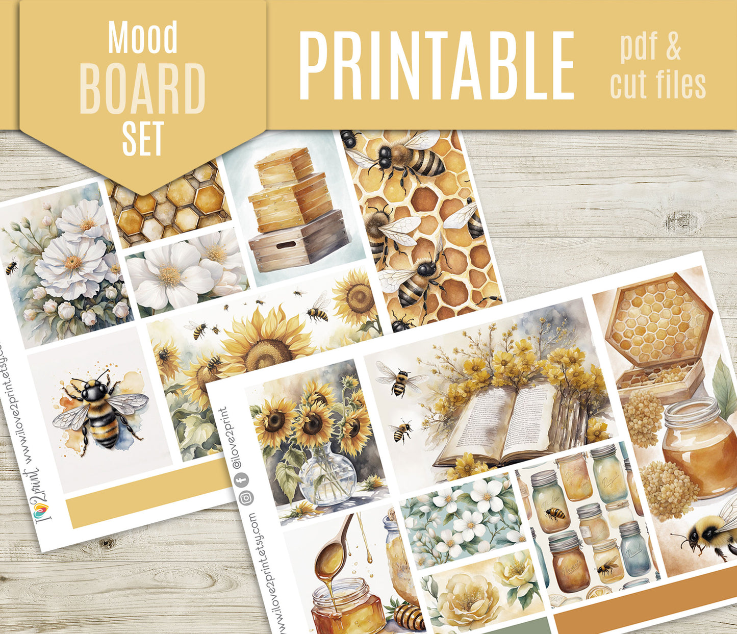 Bees Moodboard Stickers - 1,5"boxes Printable PDF & Cut Files
