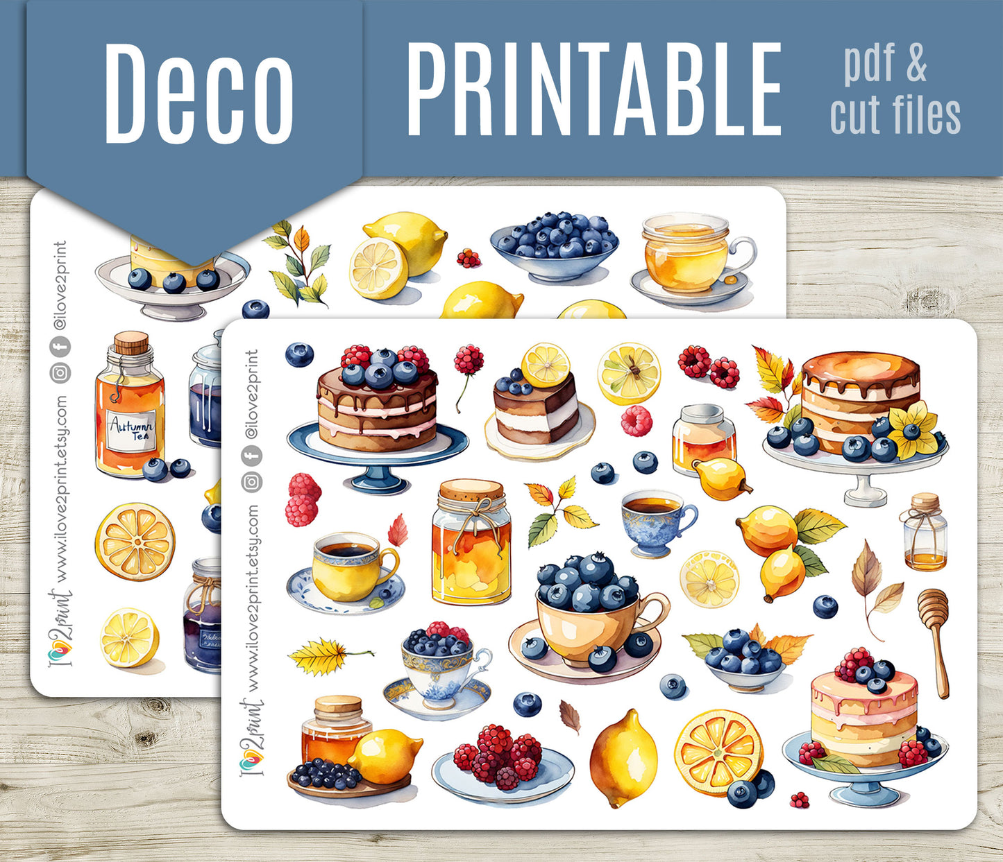 Blueberry Cake Decorative Printable Planner Stickers | Sweet Bakery | PDF Cut Files | Instant Download