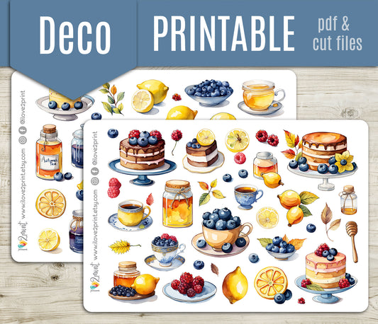 Blueberry Cake Decorative Printable Planner Stickers | Sweet Bakery | PDF Cut Files | Instant Download