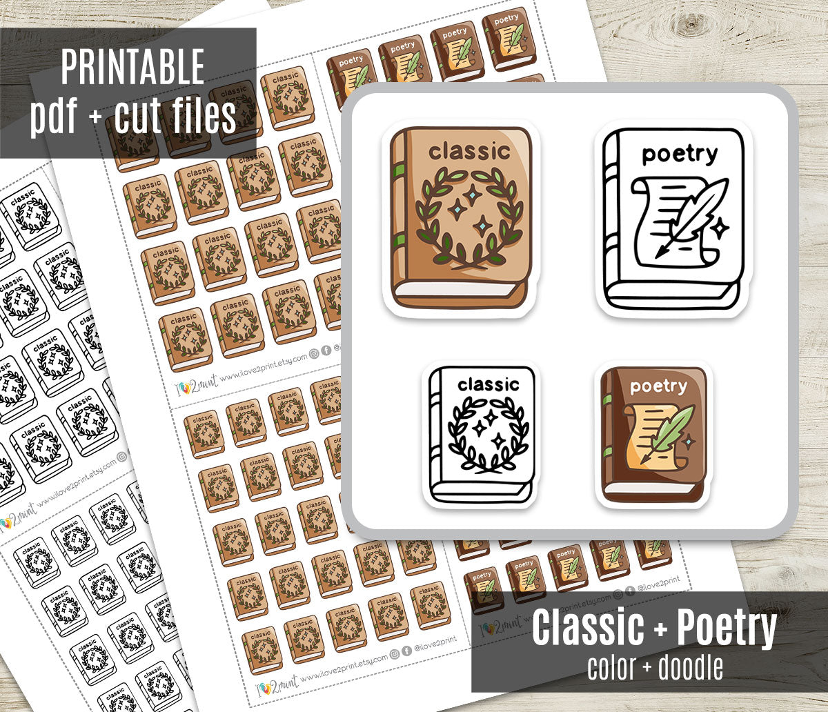 Classic & Poetry Book Genre Icons – Printable Planner Stickers – PDF & Cut Files