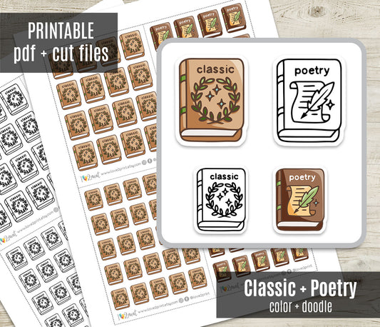 Classic & Poetry Book Genre Icons – Printable Planner Stickers – PDF & Cut Files