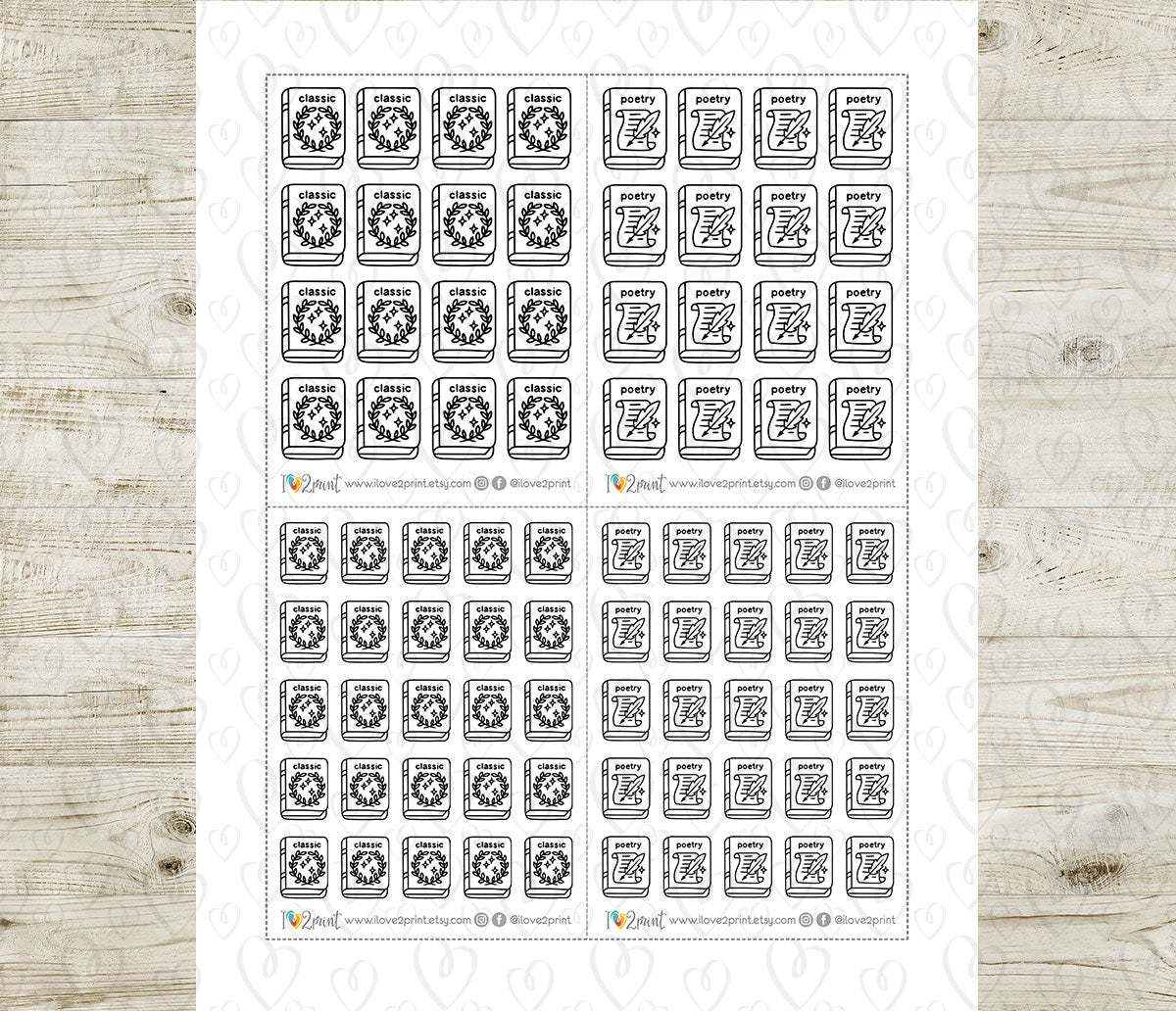 Classic & Poetry Book Genre Icons – Printable Planner Stickers – PDF & Cut Files