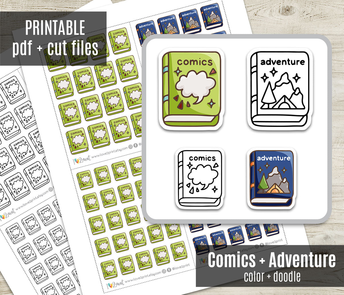 Comics & Adventure Book Genre Icons – Printable Planner Stickers – PDF & Cut Files