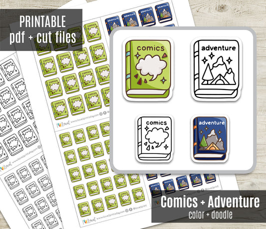 Comics & Adventure Book Genre Icons – Printable Planner Stickers – PDF & Cut Files