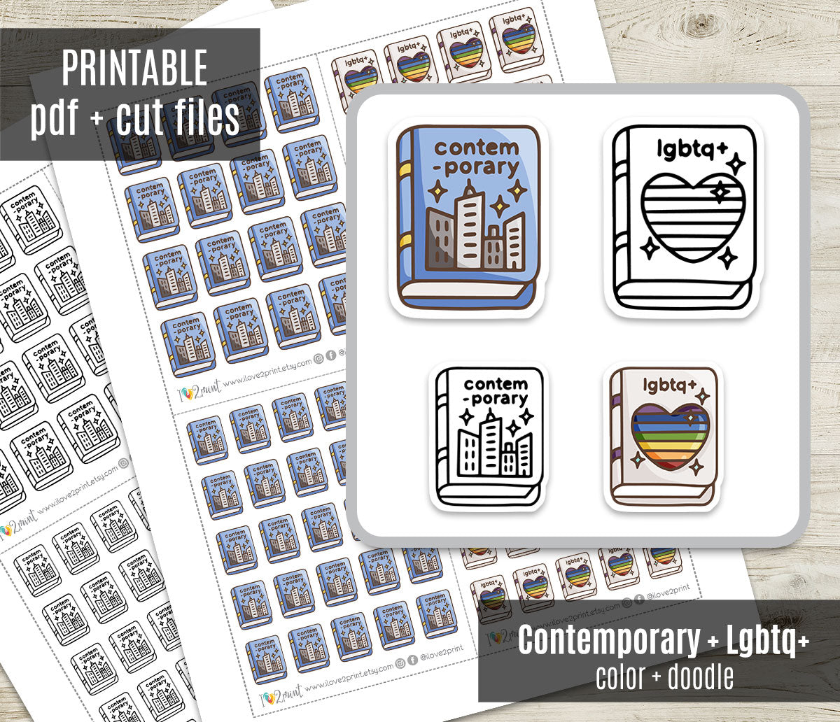 Contemporary & Lgbtq+ Book Genre Icons – Printable Planner Stickers – PDF & Cut Files