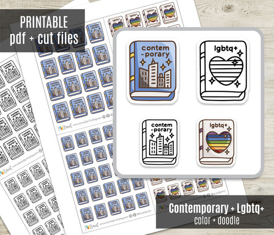 Contemporary & Lgbtq+ Book Genre Icons – Printable Planner Stickers – PDF & Cut Files