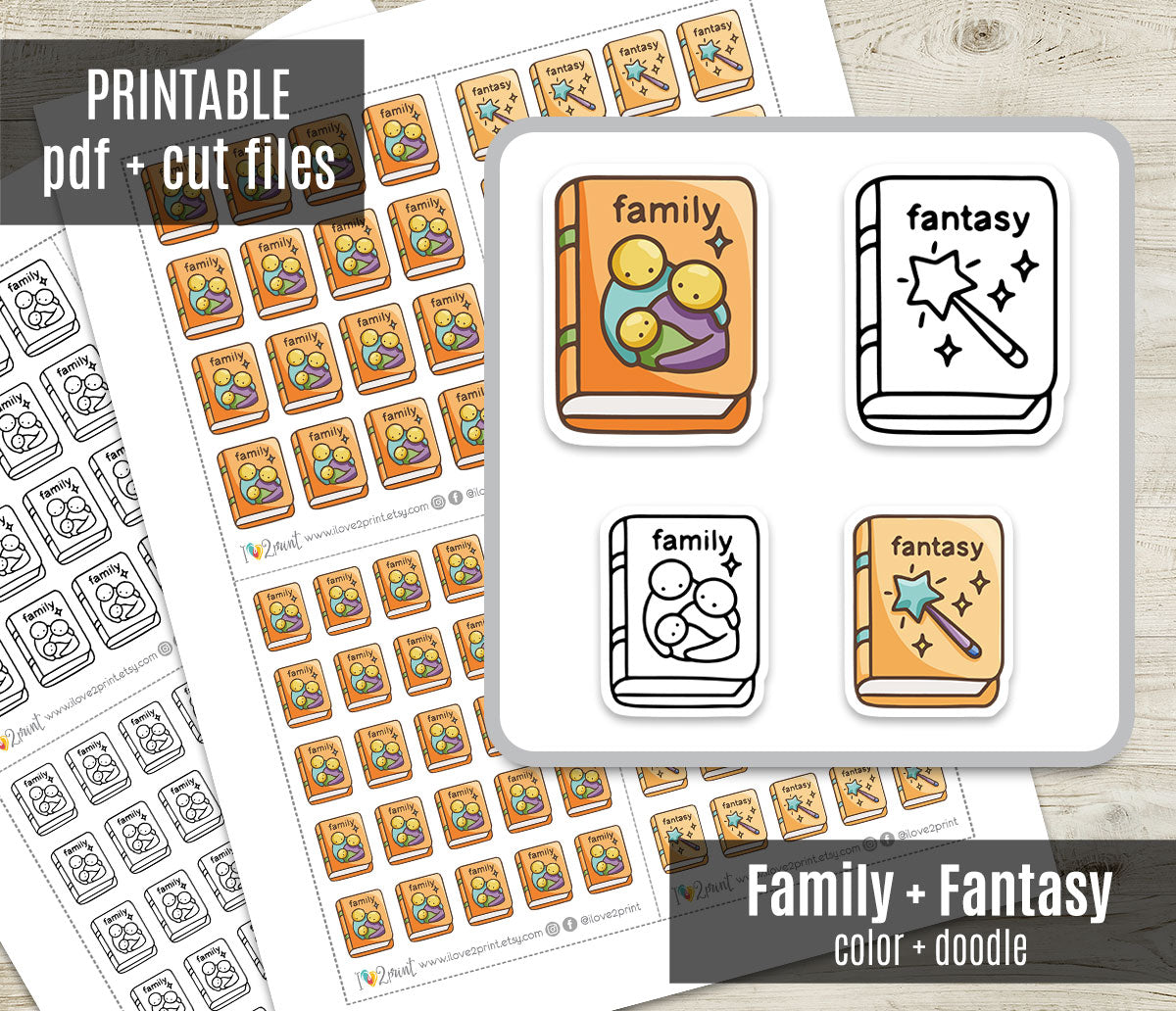 Family & Fantasy Book Genre Icons – Printable Planner Stickers – PDF & Cut Files
