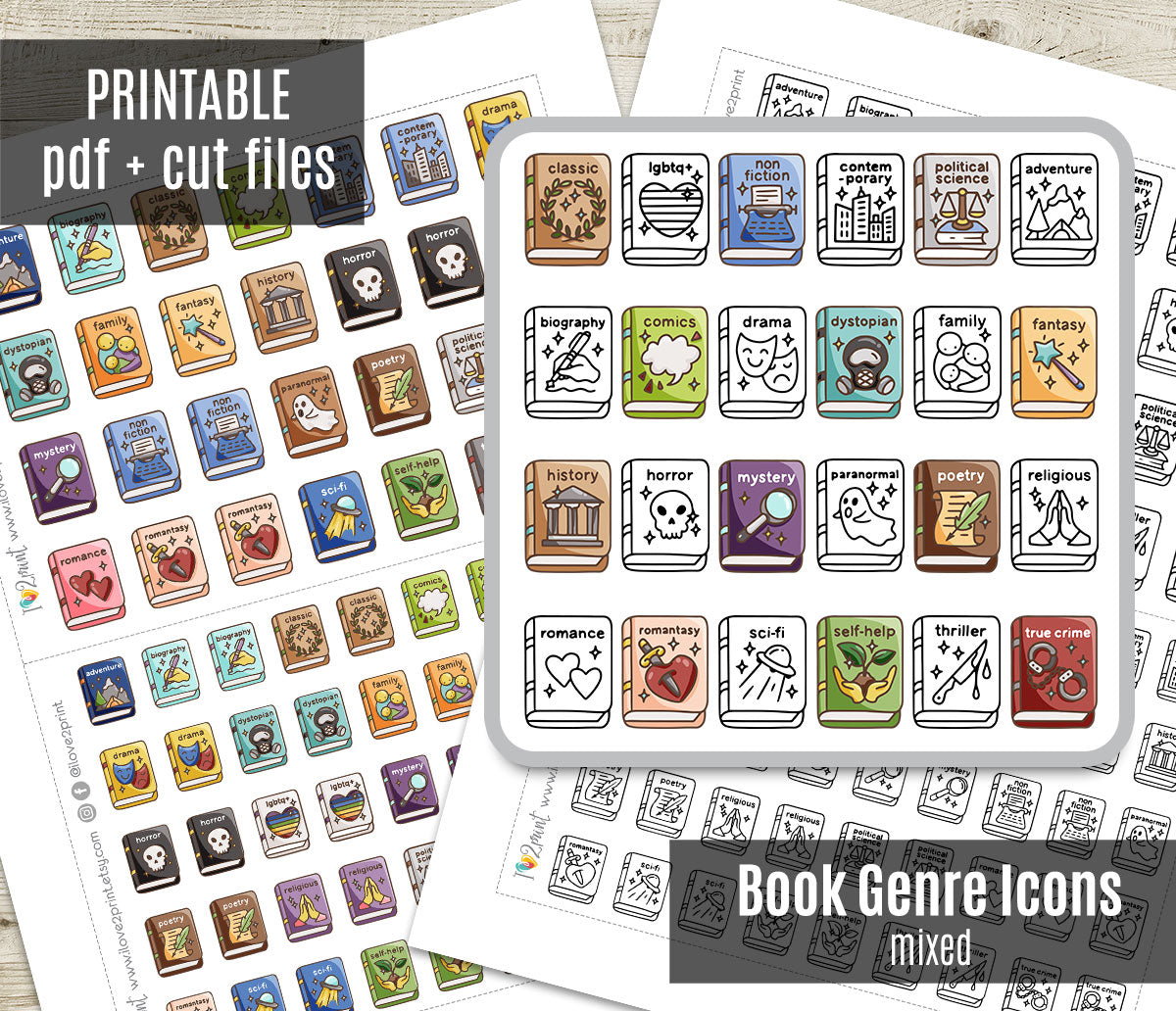 24 Book Genres Printable Icons Stickers – Doodle and Color Planner Icons - PDF & Cut Files