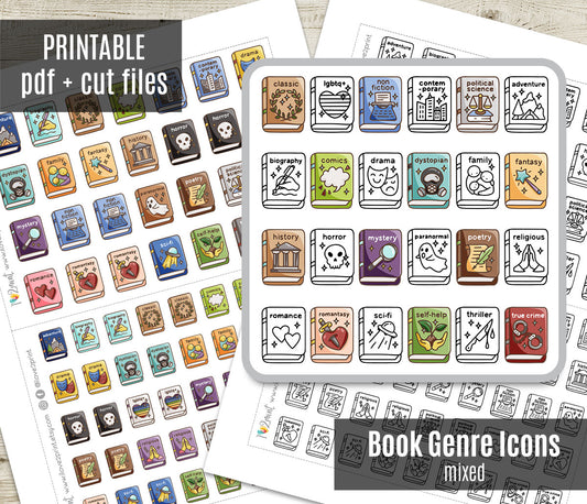 24 Book Genres Printable Icons Stickers – Doodle and Color Planner Icons - PDF & Cut Files