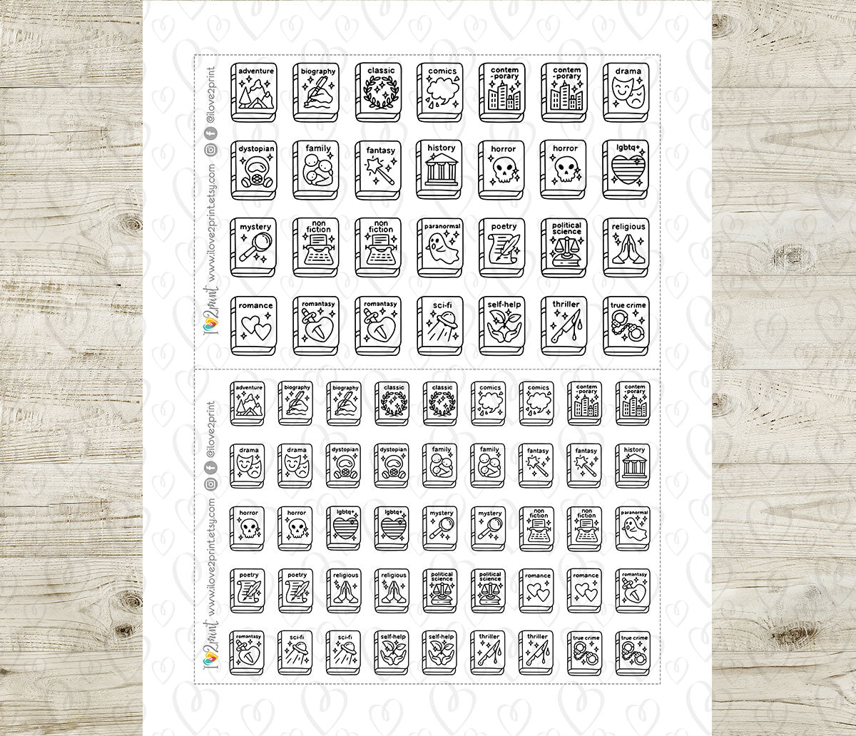 24 Book Genres Printable Icons Stickers – Doodle and Color Planner Icons - PDF & Cut Files