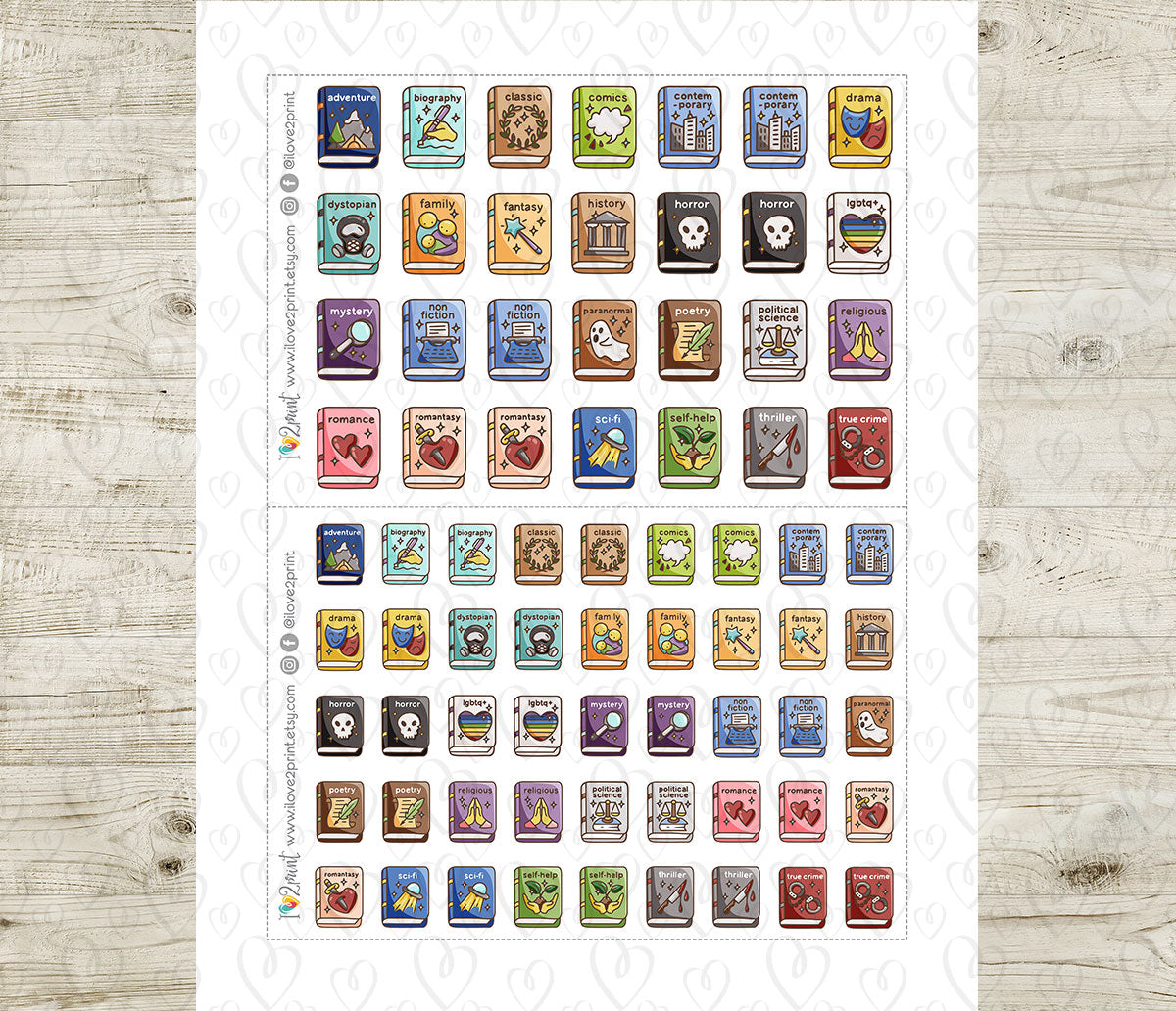 24 Book Genres Printable Icons Stickers – Doodle and Color Planner Icons - PDF & Cut Files