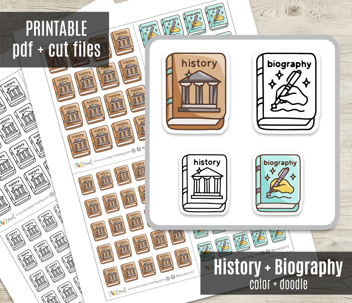 History & Biography Book Genre Icons – Printable Planner Stickers – PDF & Cut Files