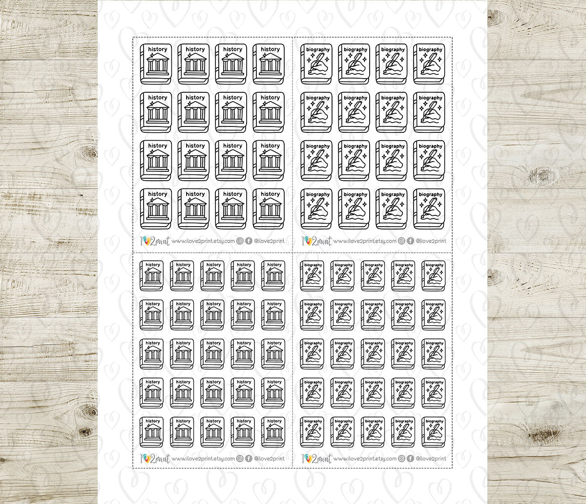 History & Biography Book Genre Icons – Printable Planner Stickers – PDF & Cut Files