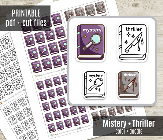 Mystery & Thriller Book Genre Icons – Printable Planner Stickers – PDF & Cut Files
