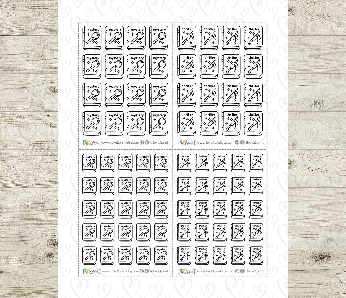 Mystery & Thriller Book Genre Icons – Printable Planner Stickers – PDF & Cut Files