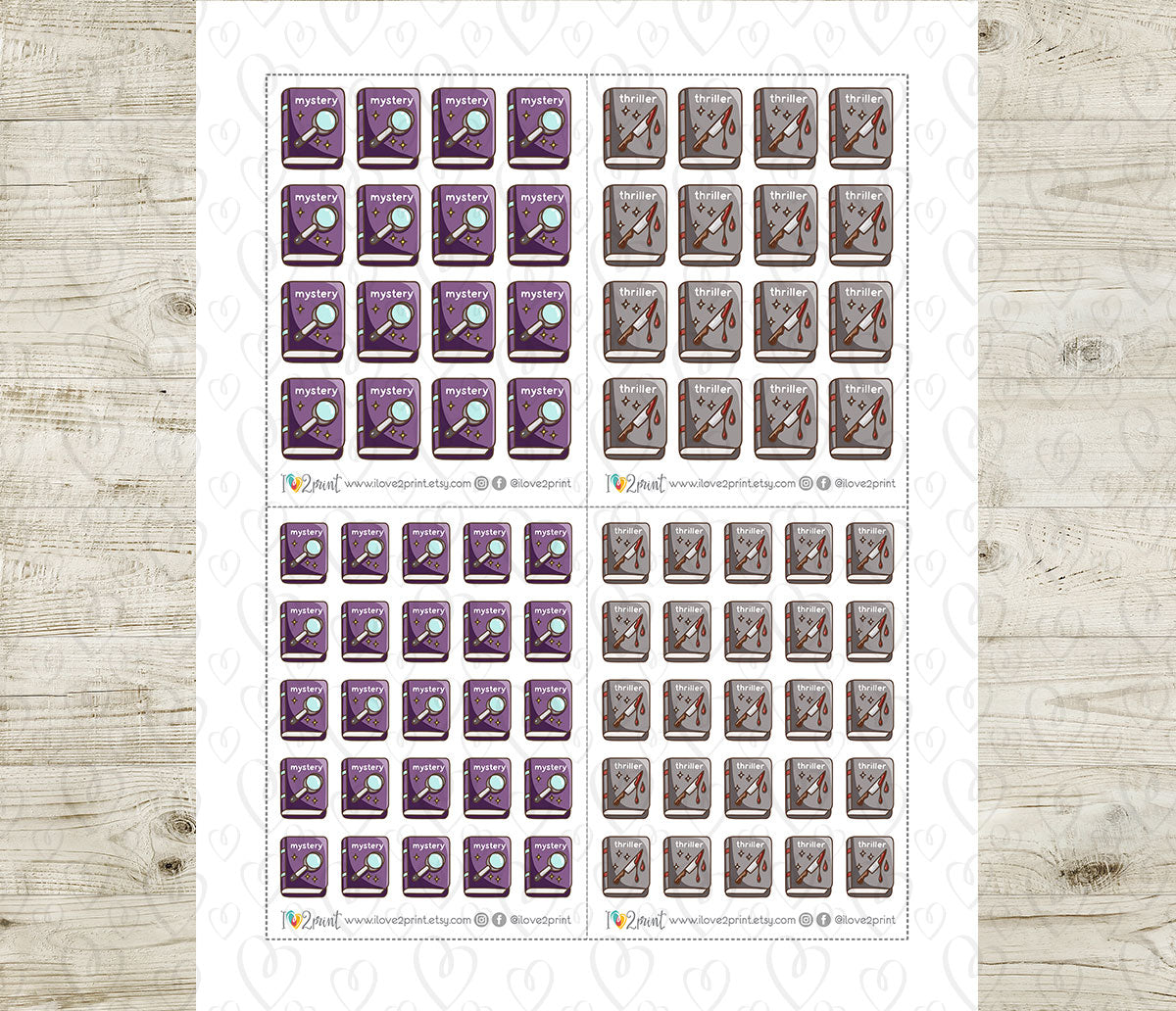 Mystery & Thriller Book Genre Icons – Printable Planner Stickers – PDF & Cut Files