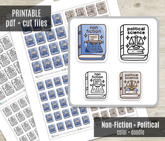 Non Fiction & Political Science Book Genre Icons – Printable Planner Stickers – PDF & Cut Files