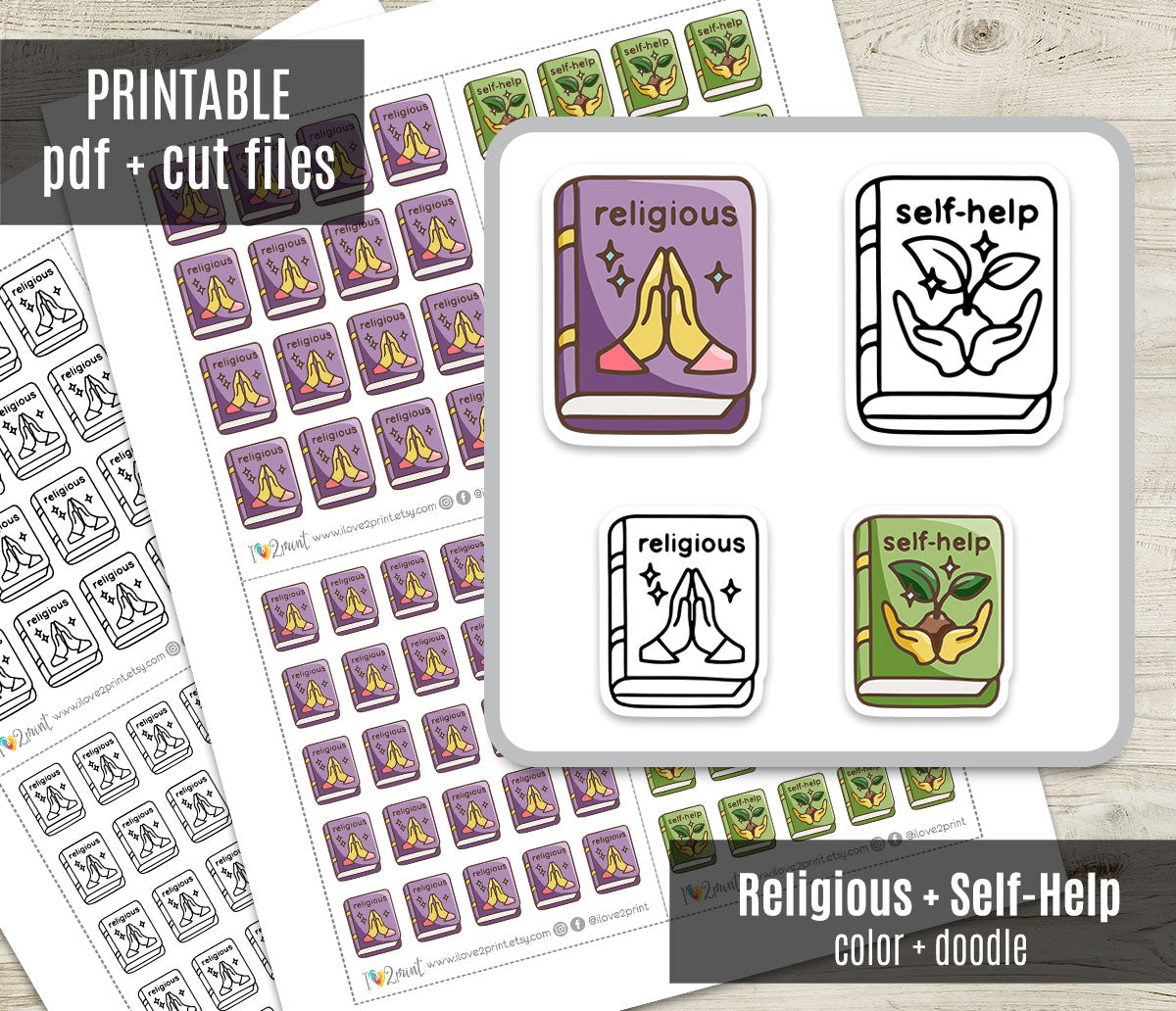 Religious & Self-Help Book Genre Icons – Printable Planner Stickers – PDF & Cut Files