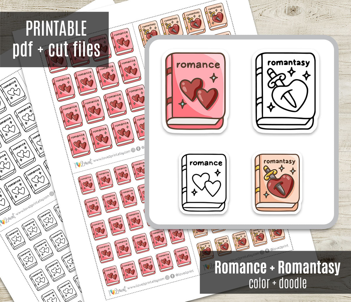 Romance & Romantasy Book Genre Icons – Printable Planner Stickers – PDF & Cut Files