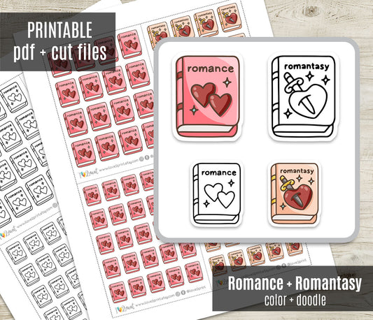 Romance & Romantasy Book Genre Icons – Printable Planner Stickers – PDF & Cut Files