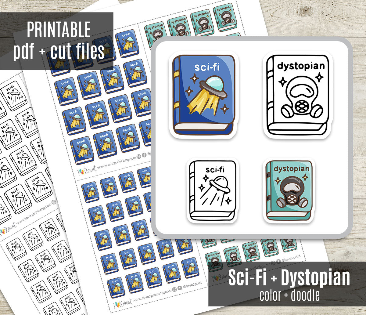Sci-Fi & Dystopian Book Genre Icons – Printable Planner Stickers – PDF & Cut Files