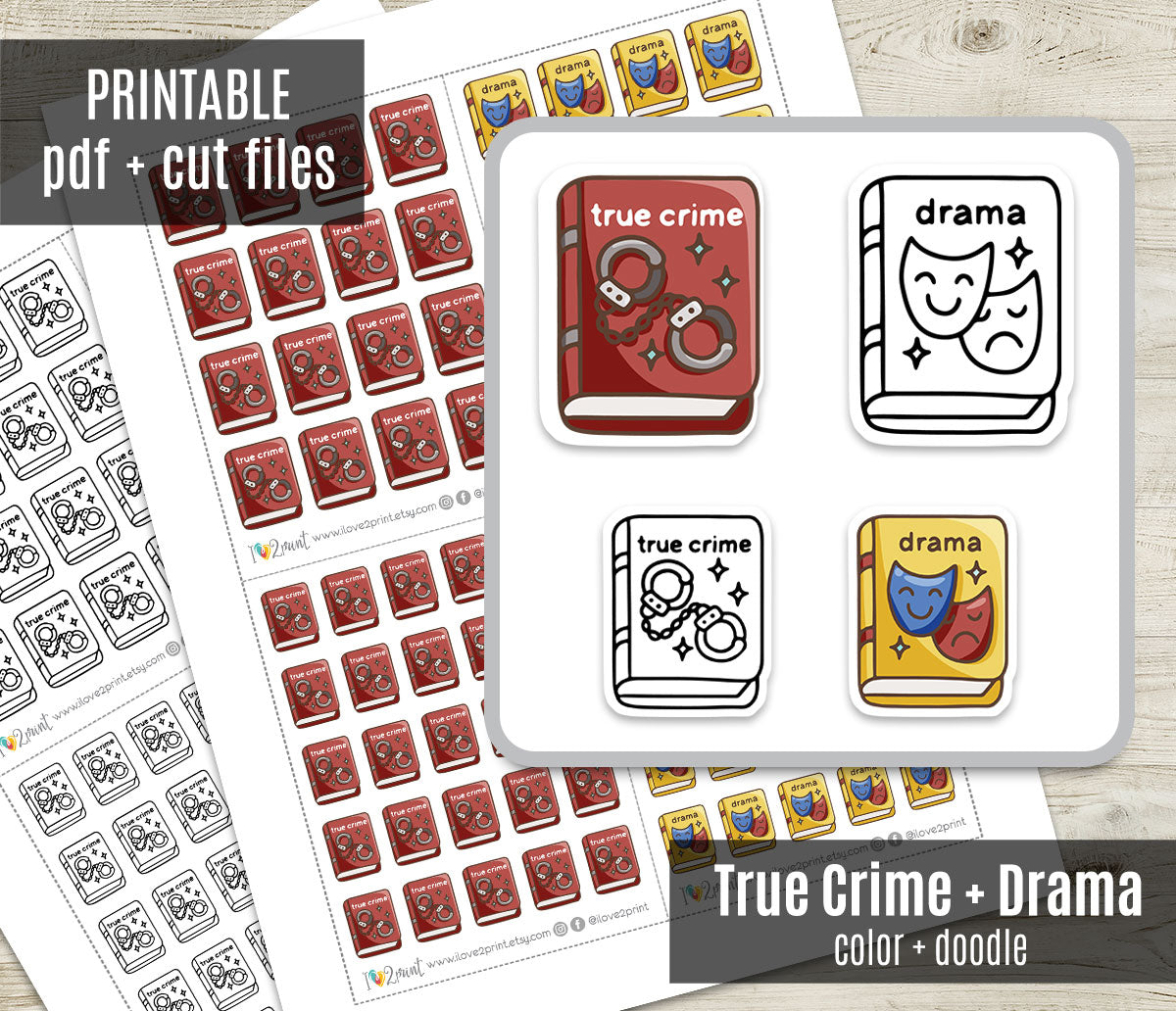 True Crime & Drama Book Genre Icons – Printable Planner Stickers – PDF & Cut Files