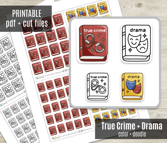 True Crime & Drama Book Genre Icons – Printable Planner Stickers – PDF & Cut Files