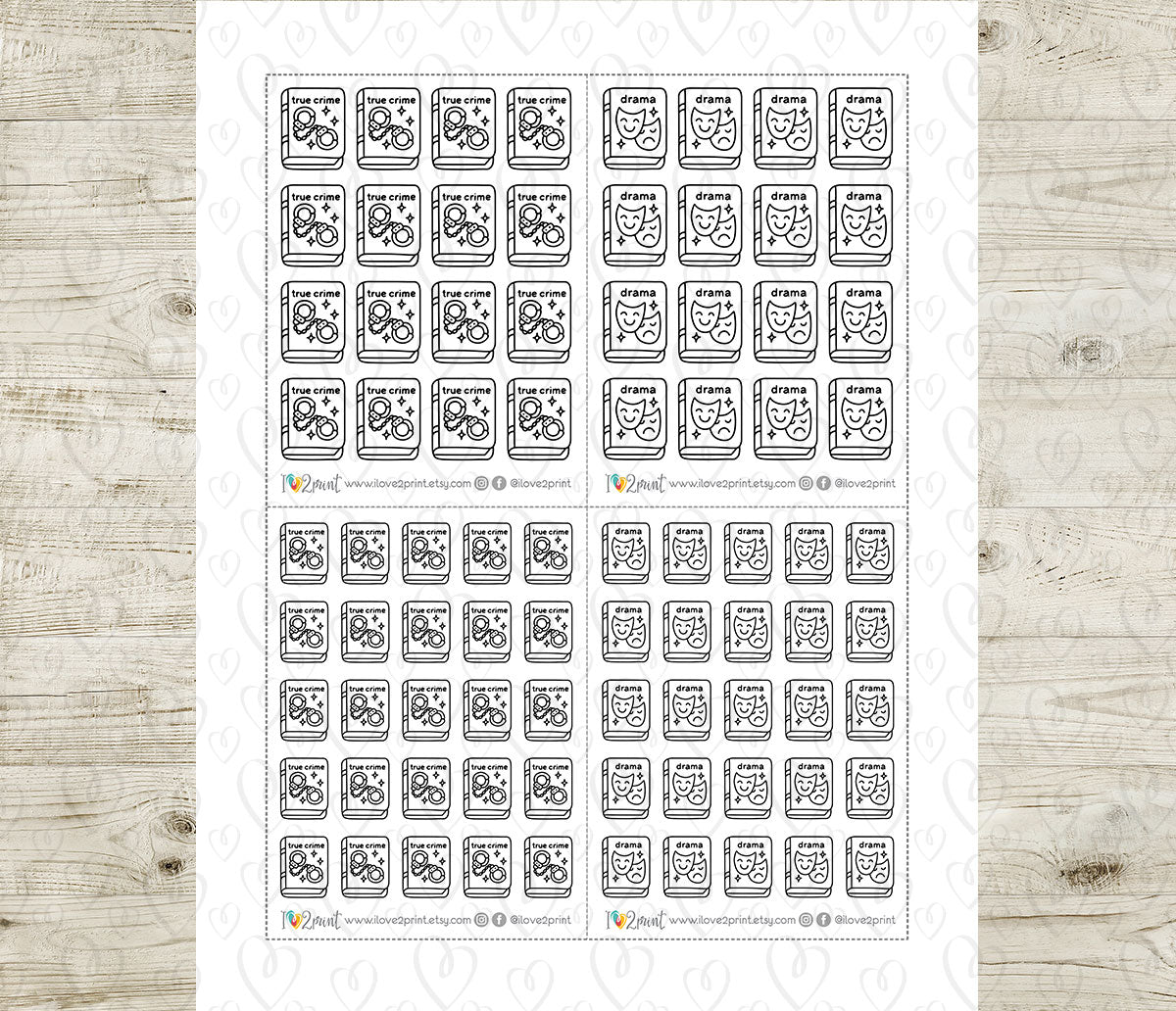 True Crime & Drama Book Genre Icons – Printable Planner Stickers – PDF & Cut Files