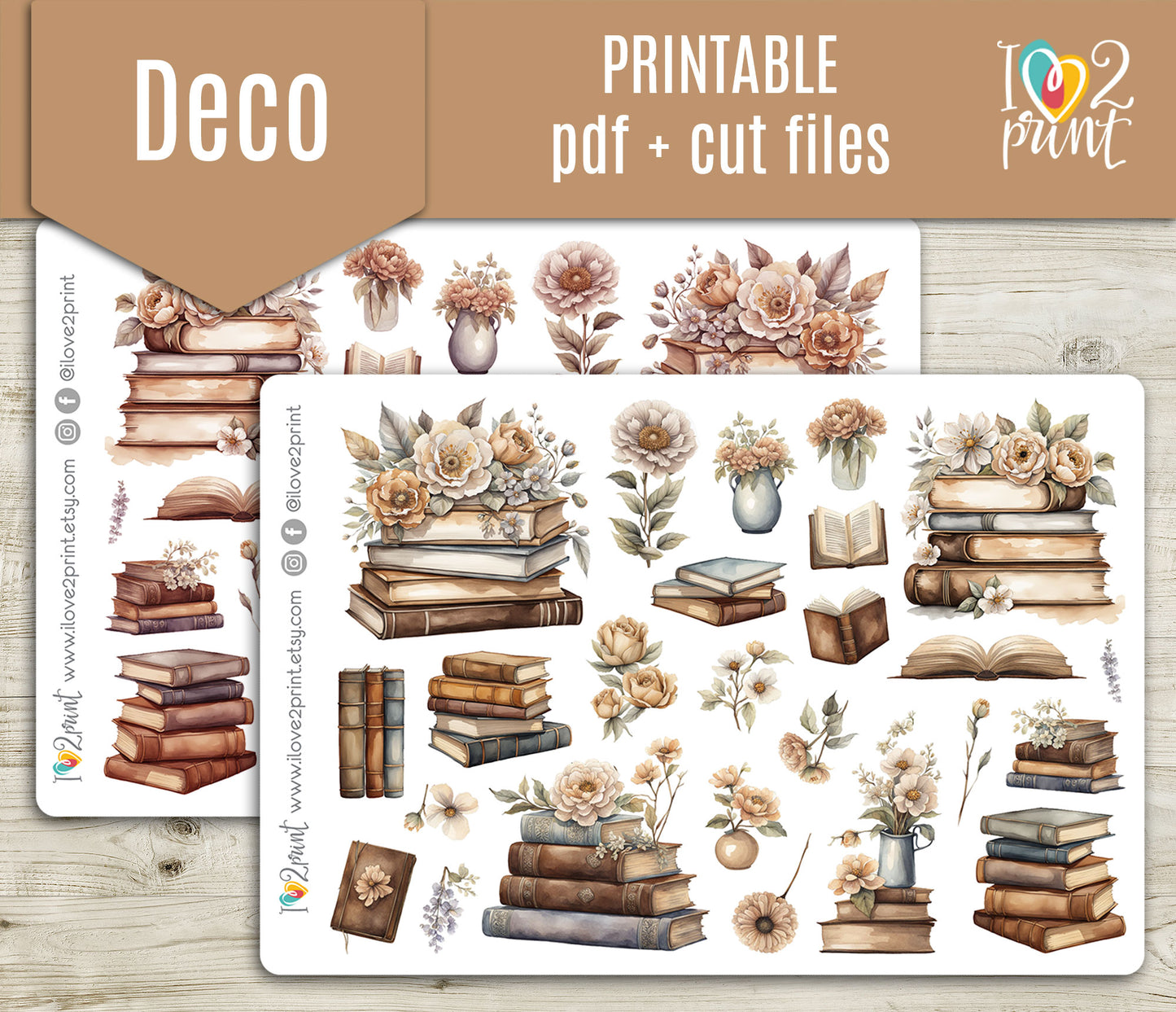Books and Flowers Decorative Stickers – Printable PDF & Cut Files