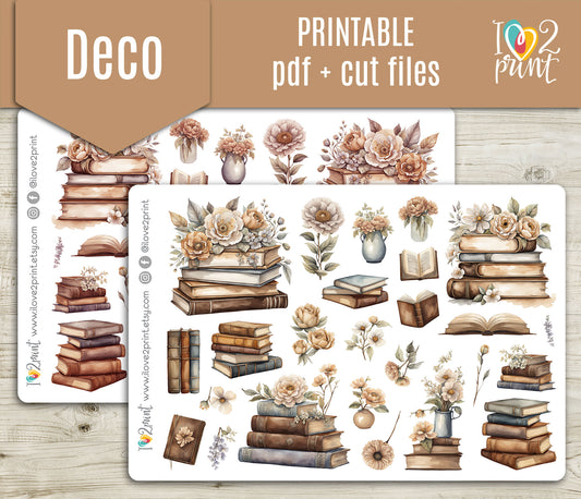 Books and Flowers Decorative Stickers – Printable PDF & Cut Files
