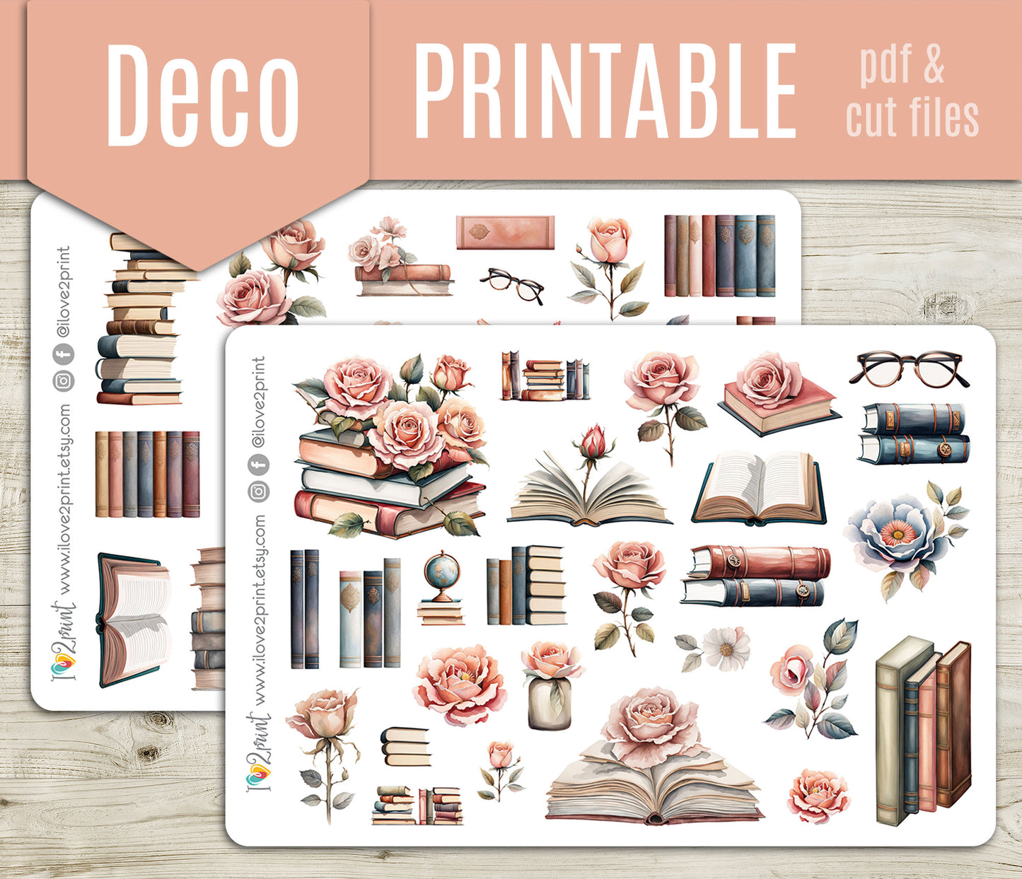 Books and Roses Decorative Printable Stickers | Old Rose Library | PDF Cut Files | Instant Download