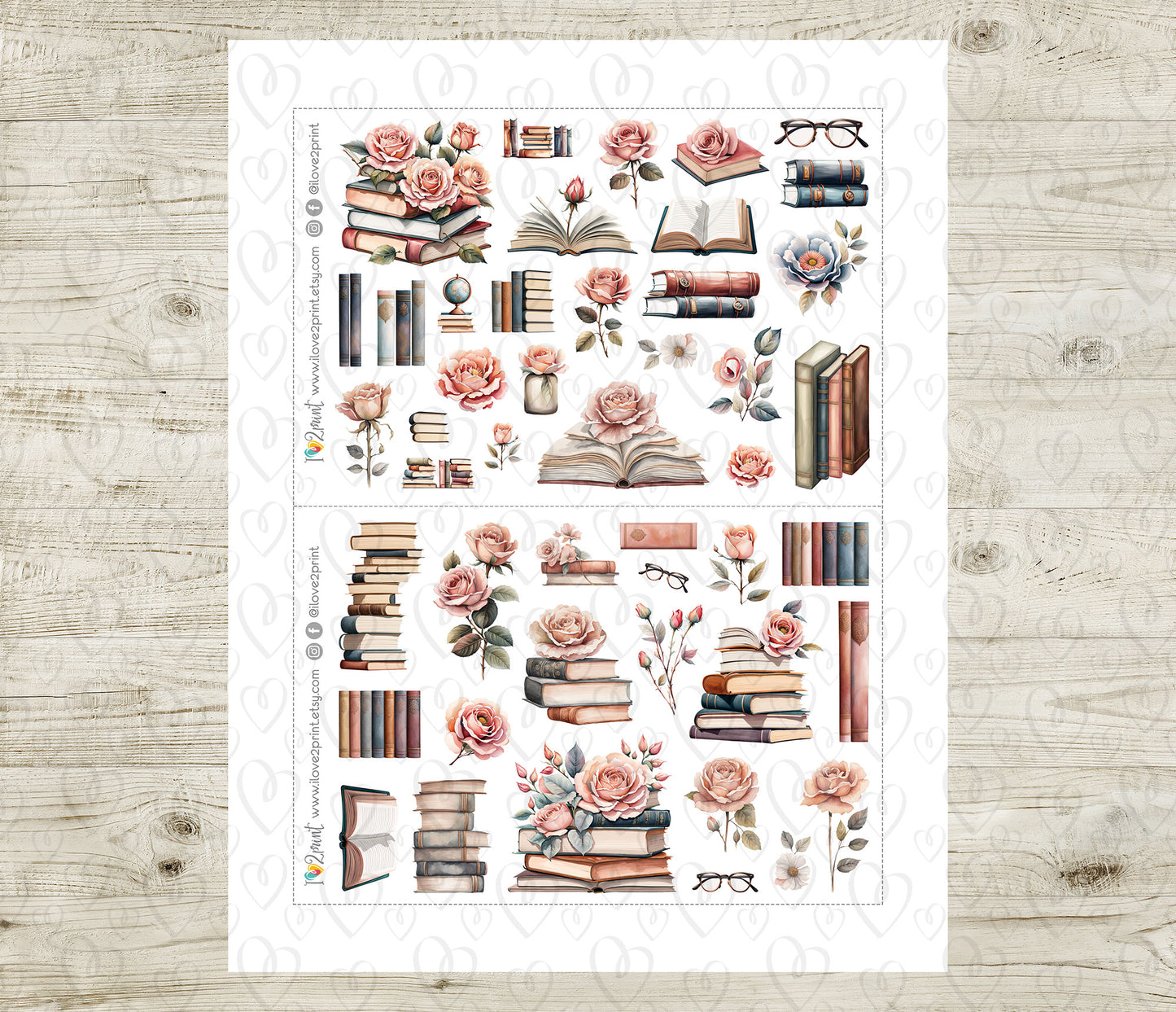 Books and Roses Decorative Printable Stickers | Old Rose Library | PDF Cut Files | Instant Download