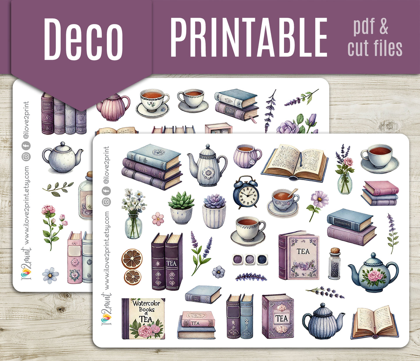 Books and Tea Decorative Printable Stickers | Lavender Library | PDF Cut Files | Instant Download