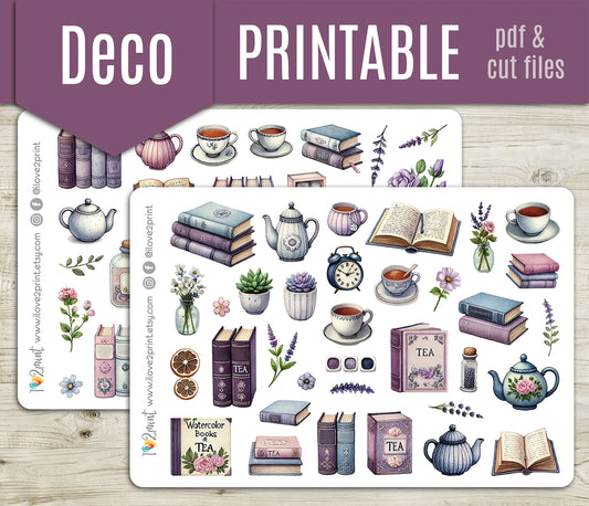 Books and Tea Decorative Printable Stickers | Lavender Library | PDF Cut Files | Instant Download