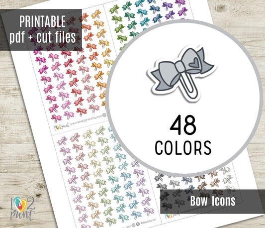 Bow Mini Icon Printable Planner Stickers | 48 Colors | PDF Cut Files
