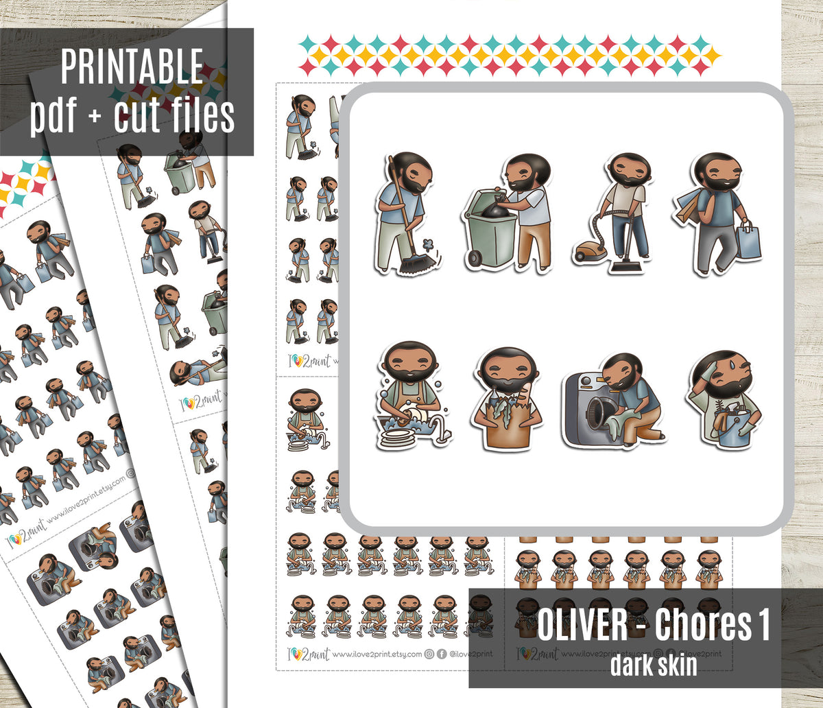 Oliver Chores Dark Skin Printable Stickers  SET 1 | Cut Files | Planner
