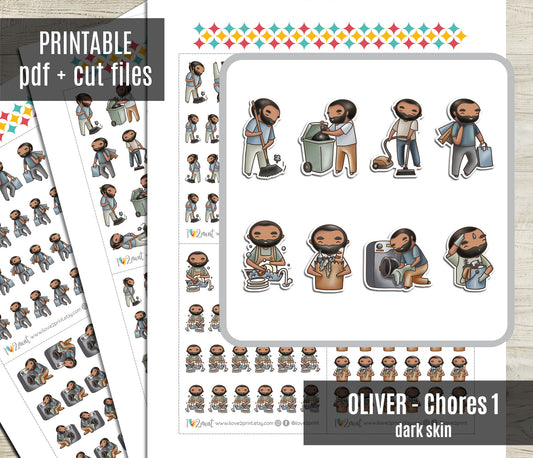 Oliver Chores Dark Skin Printable Stickers  SET 1 | Cut Files | Planner