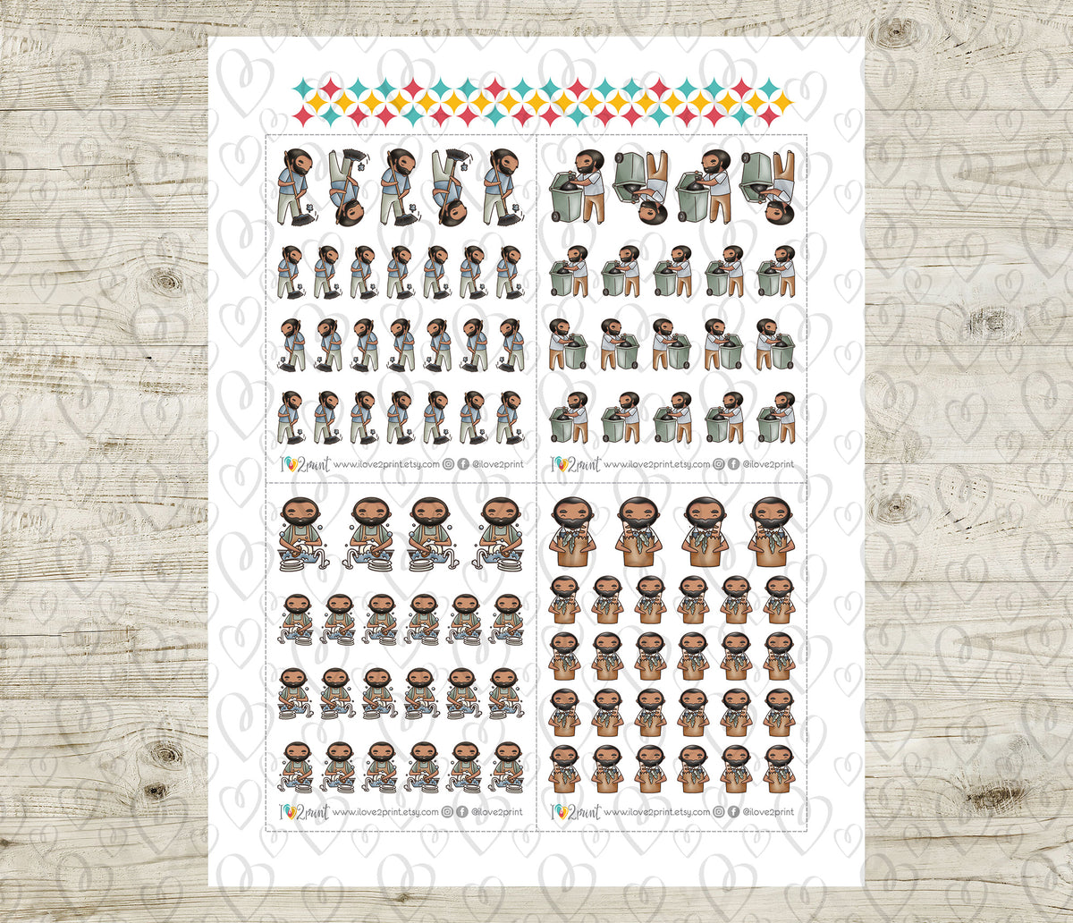 Oliver Chores Dark Skin Printable Stickers  SET 1 | Cut Files | Planner