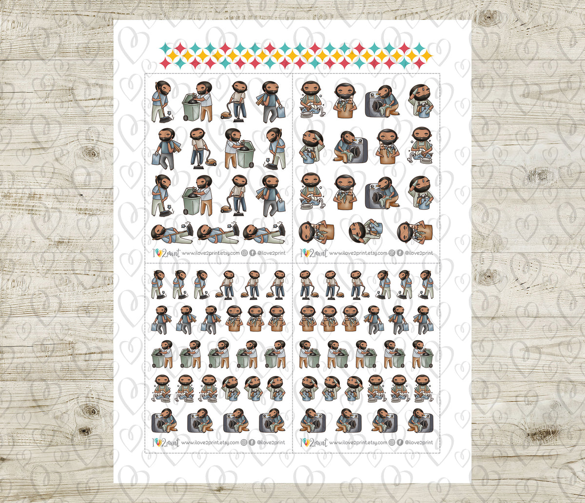 Oliver Chores Dark Skin Printable Stickers  SET 1 | Cut Files | Planner